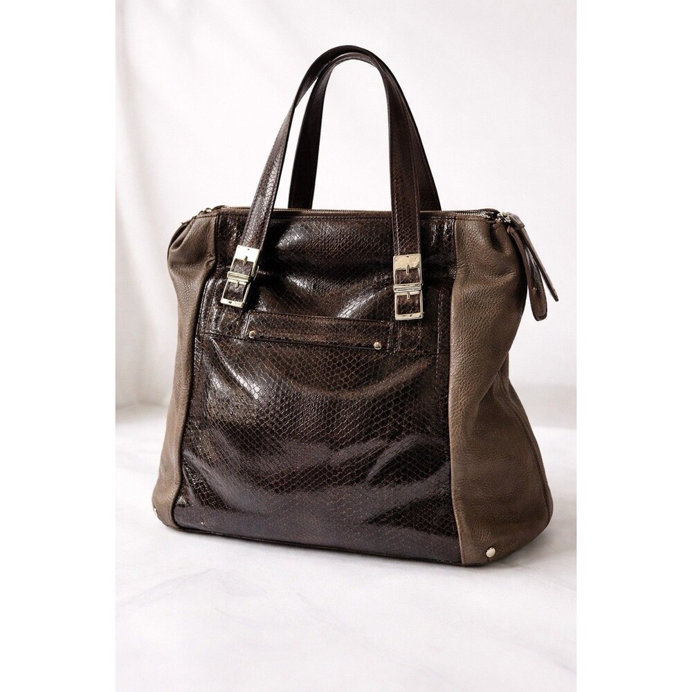 B. Makowsky Brown Animal Print Satchel with Silver Zipper Accents for Women